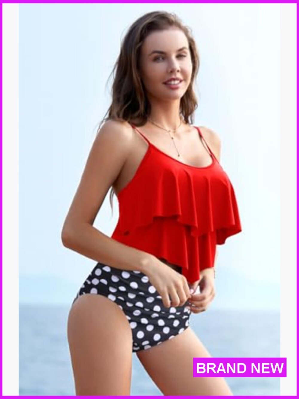 Flounce Tankini High Waisted Tummy Control Halter Neck Swim Set Sleeveless - Picture 5 of 7
